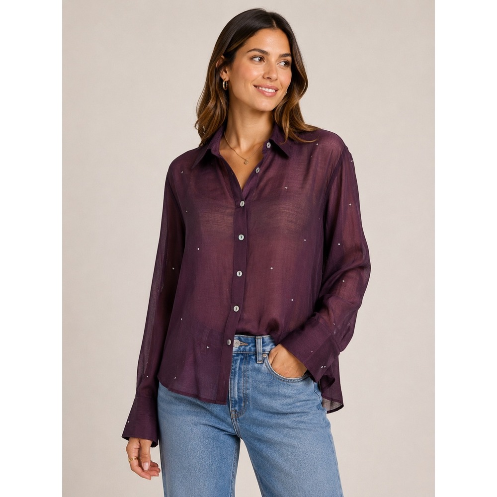 Bailey 44 Sheer Button Front Blouse Burgundy Plum Rhinestone Studs L Sparkle